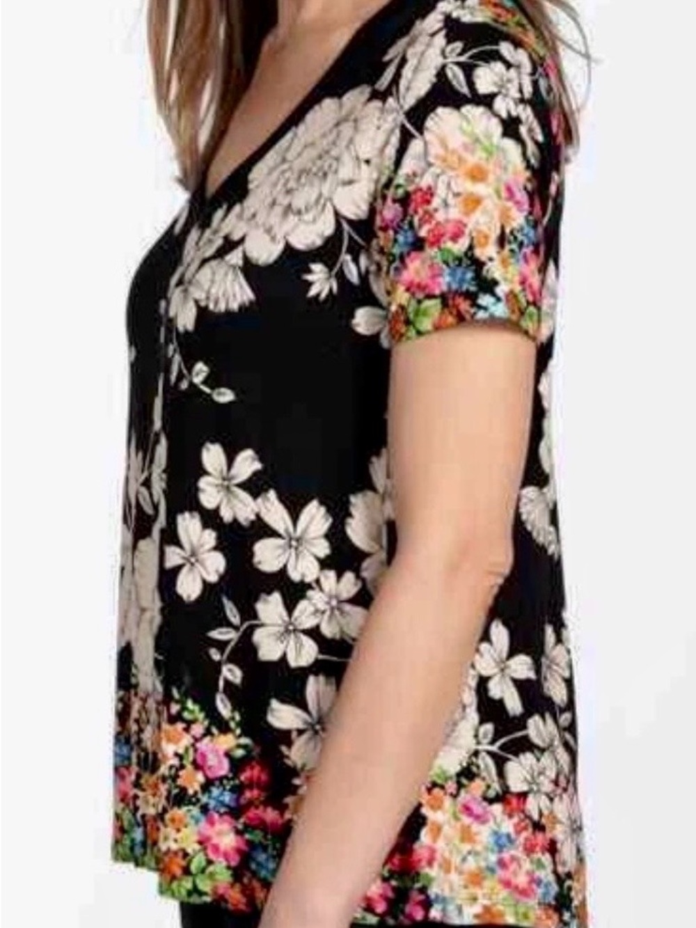 Johnny Was Redland Favorite Top Black Base Cream Floral Print Multi Color Border - Picture 11 of 12